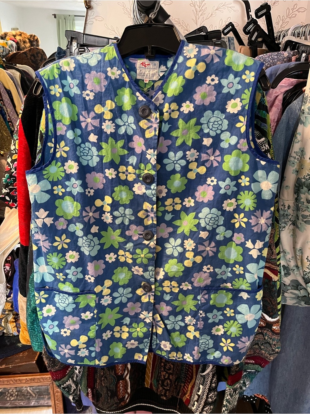 Women’s Vintage Blue Floral Cotton Button-Front Sleeveless Apron Top - Size M
